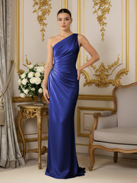 One Shoulder Satin Mermaid Pleated Formal Dresses