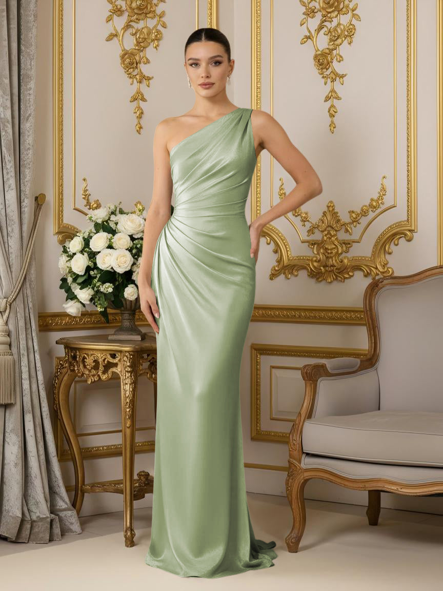 One Shoulder Satin Mermaid Pleated Formal Dresses