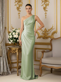 One Shoulder Satin Mermaid Pleated Formal Dresses
