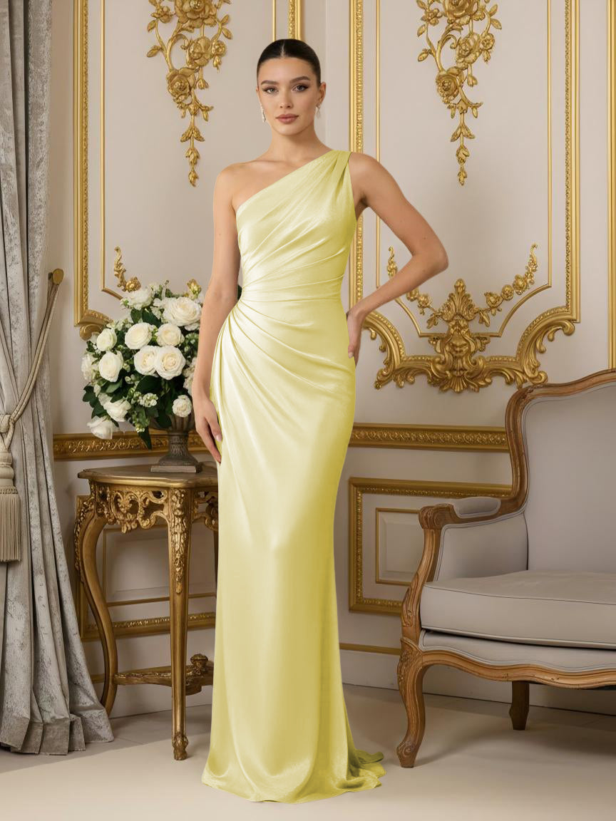 One Shoulder Satin Mermaid Pleated Formal Dresses