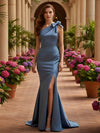 One Shoulder Satin Mermaid Pleated Formal Dresses with Bow