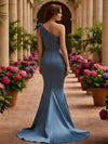 One Shoulder Satin Mermaid Pleated Formal Dresses with Bow