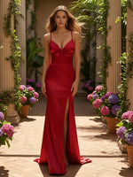 Spaghetti Straps V Neck Satin Formal Dresses with Slit