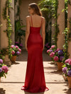 Spaghetti Straps V Neck Satin Formal Dresses with Slit