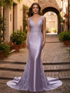 Beaded Deep V Neck Satin Mermaid Evening Gown Long Formal Dresses with Train
