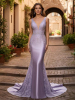 Beaded Deep V Neck Satin Mermaid Evening Gown Long Formal Dresses with Train