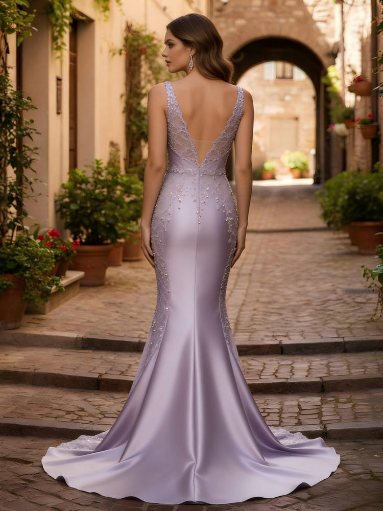 Beaded Deep V Neck Satin Mermaid Evening Gown Long Formal Dresses with Train