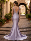 Beaded Deep V Neck Satin Mermaid Evening Gown Long Formal Dresses with Train