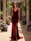 Velvet V Neck Mermaid Formal Dresses with Slit