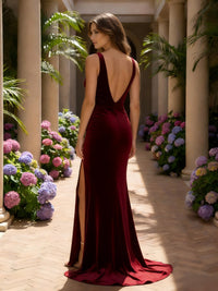Velvet V Neck Mermaid Formal Dresses with Slit