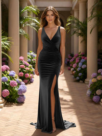 Velvet V Neck Mermaid Formal Dresses with Slit