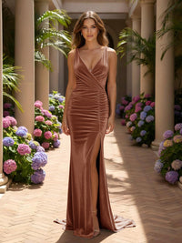 Velvet V Neck Mermaid Formal Dresses with Slit