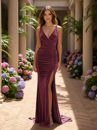 Velvet V Neck Mermaid Formal Dresses with Slit