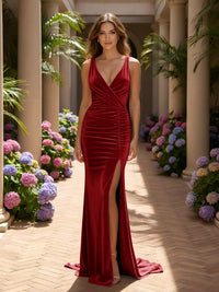Velvet V Neck Mermaid Formal Dresses with Slit