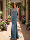 Velvet V Neck Mermaid Formal Dresses with Slit
