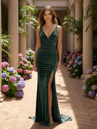 Velvet V Neck Mermaid Formal Dresses with Slit