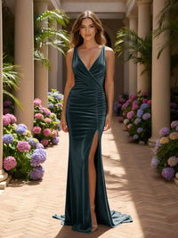 Velvet V Neck Mermaid Formal Dresses with Slit