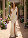 Velvet V Neck Mermaid Formal Dresses with Slit