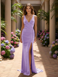 Velvet V Neck Mermaid Formal Dresses with Slit