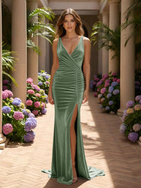 Velvet V Neck Mermaid Formal Dresses with Slit