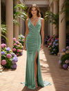 Velvet V Neck Mermaid Formal Dresses with Slit