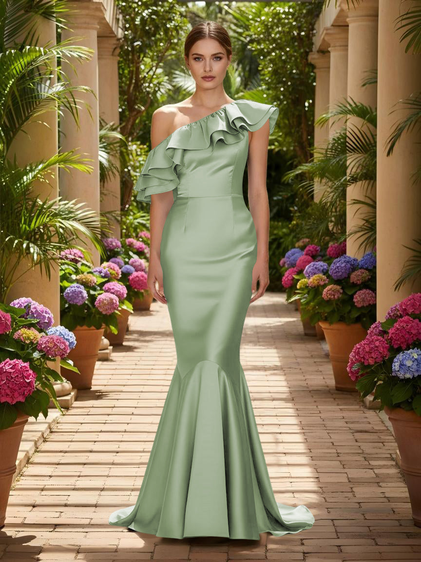 One Shoulder Satin Mermaid Formal Dresses