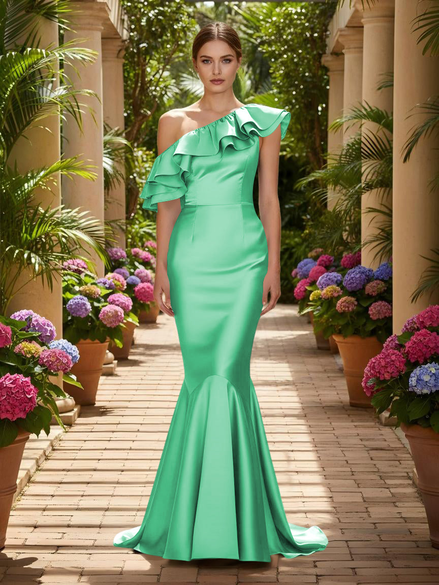 One Shoulder Satin Mermaid Formal Dresses
