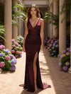 V Neck Satin Mermaid Formal Dresses with Slit