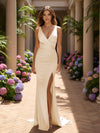 V Neck Satin Mermaid Formal Dresses with Slit