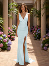 V Neck Satin Mermaid Formal Dresses with Slit