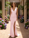 V Neck Satin Mermaid Formal Dresses with Slit