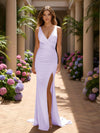 V Neck Satin Mermaid Formal Dresses with Slit