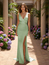 V Neck Satin Mermaid Formal Dresses with Slit