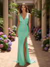V Neck Satin Mermaid Formal Dresses with Slit