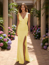 V Neck Satin Mermaid Formal Dresses with Slit