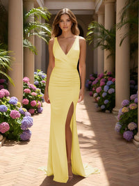 V Neck Satin Mermaid Formal Dresses with Slit