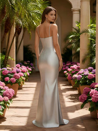 V Neck Satin Mermaid Formal Dresses with Slit