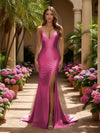 V Neck Satin Mermaid Formal Dresses with Slit