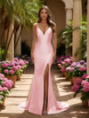 V Neck Satin Mermaid Formal Dresses with Slit