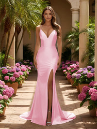 V Neck Satin Mermaid Formal Dresses with Slit