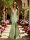 V Neck Satin Mermaid Formal Dresses with Slit