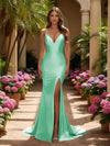 V Neck Satin Mermaid Formal Dresses with Slit