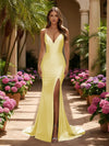 V Neck Satin Mermaid Formal Dresses with Slit