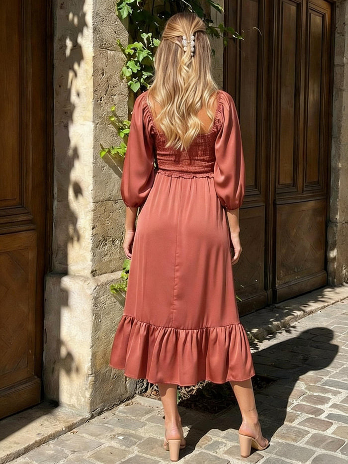 Satin V Neck Half Sleeves Pleated Formal Dresses