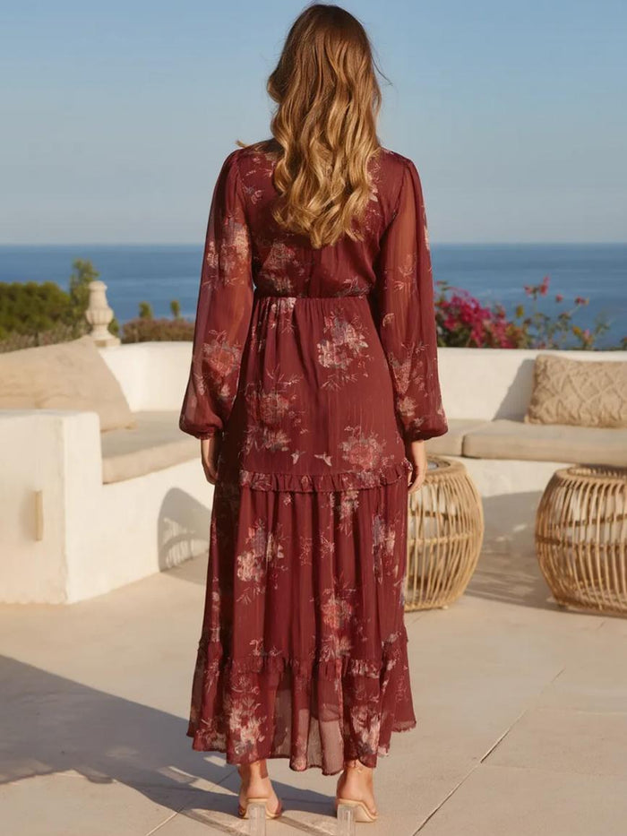 Floral Chiffon V Neck Long Sleeves Formal Dresses