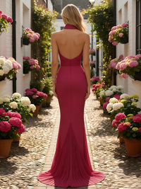 Halter Pleated Satin Backless Mermaid Formal Dresses