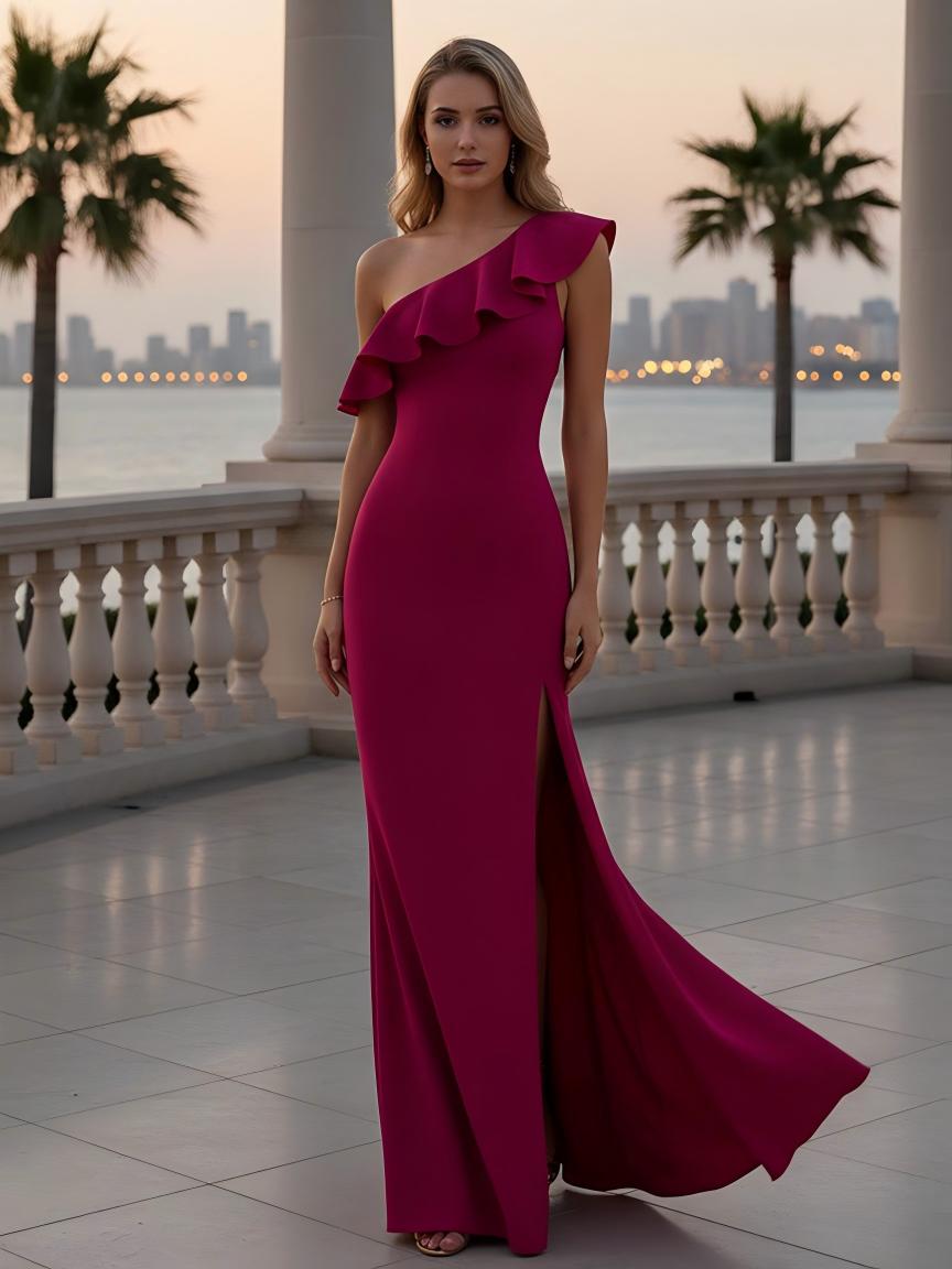 One Shoulder Satin Mermaid Formal Dresses with Slit