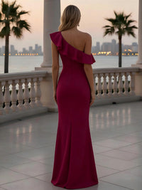 One Shoulder Satin Mermaid Formal Dresses with Slit