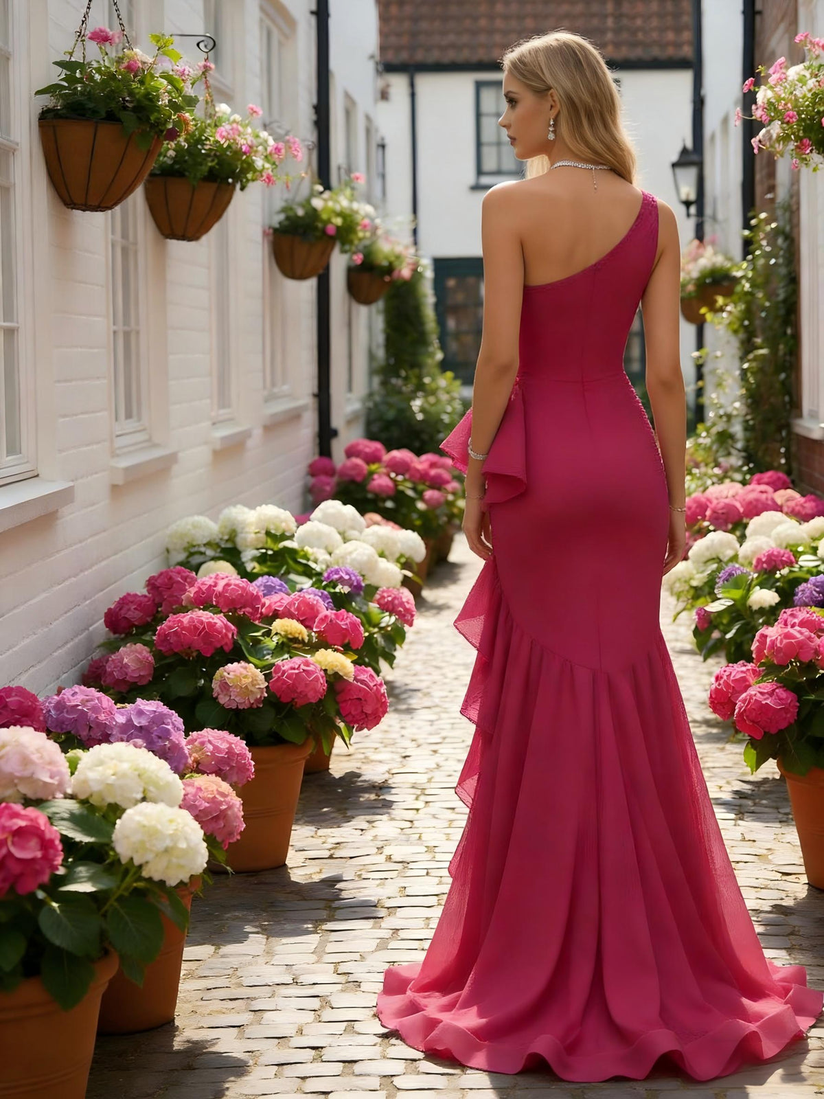 One Shoulder Satin Mermaid Formal Dresses with Ruffles