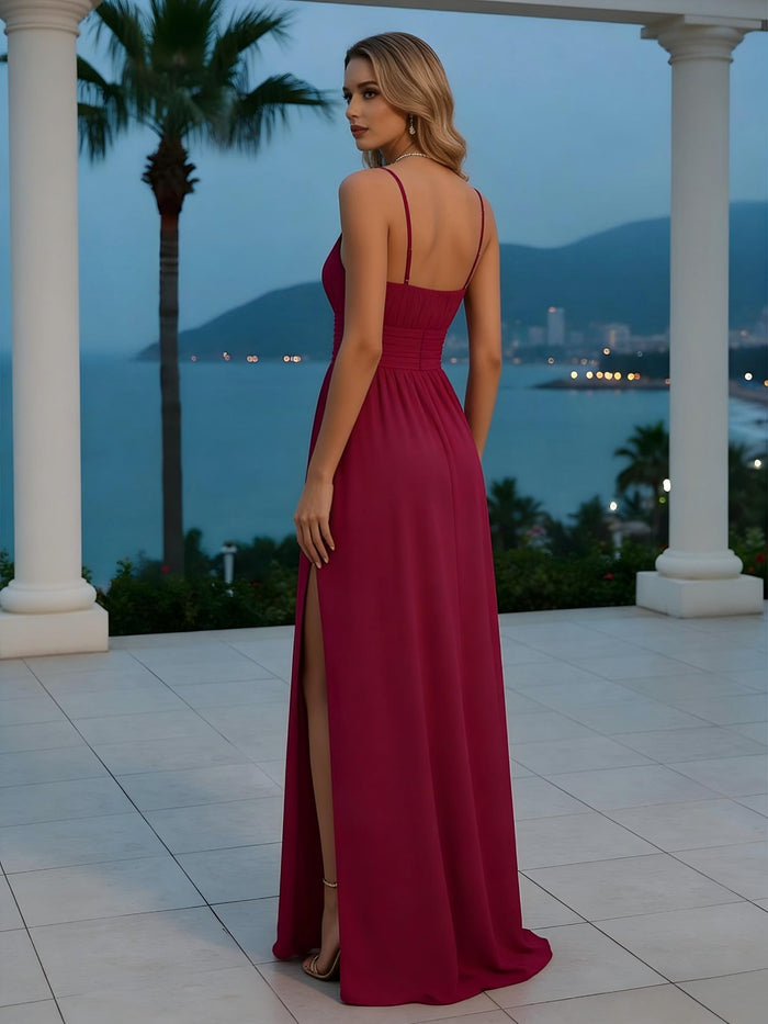 Spaghetti Straps Chiffon A Line Formal Dresses with Slit